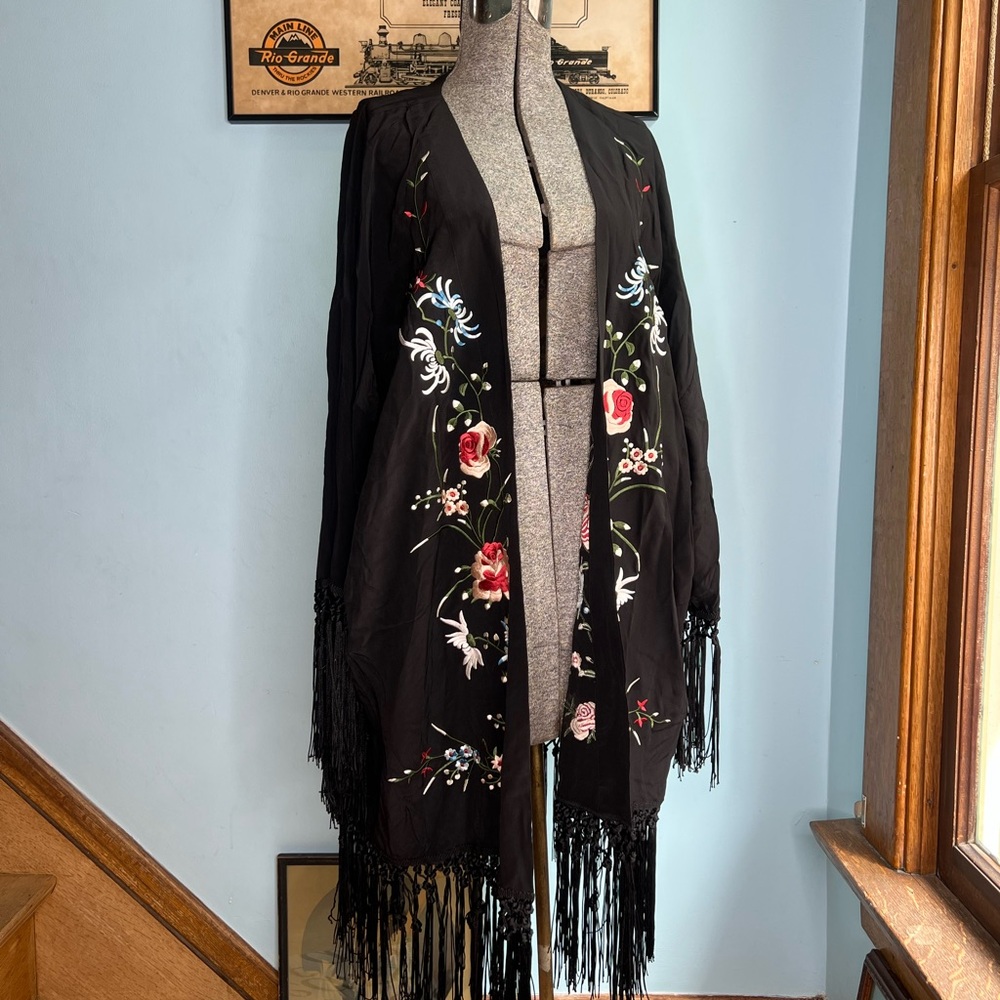 Black Silk Floral Embroidered Fringe Kimono Duster